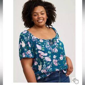 Torrid Slub Short Flutter Sleeve Melinda Floral Legion Teal Blue Women's Top 3X